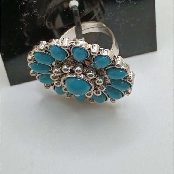 CHUNKY silver turquoise flower mandala boho ring - Picture 3 of 8